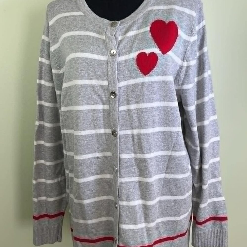 CJ Banks Cotton Gray & White Striped Heart Cardigan Preppy Academia Sweetheart